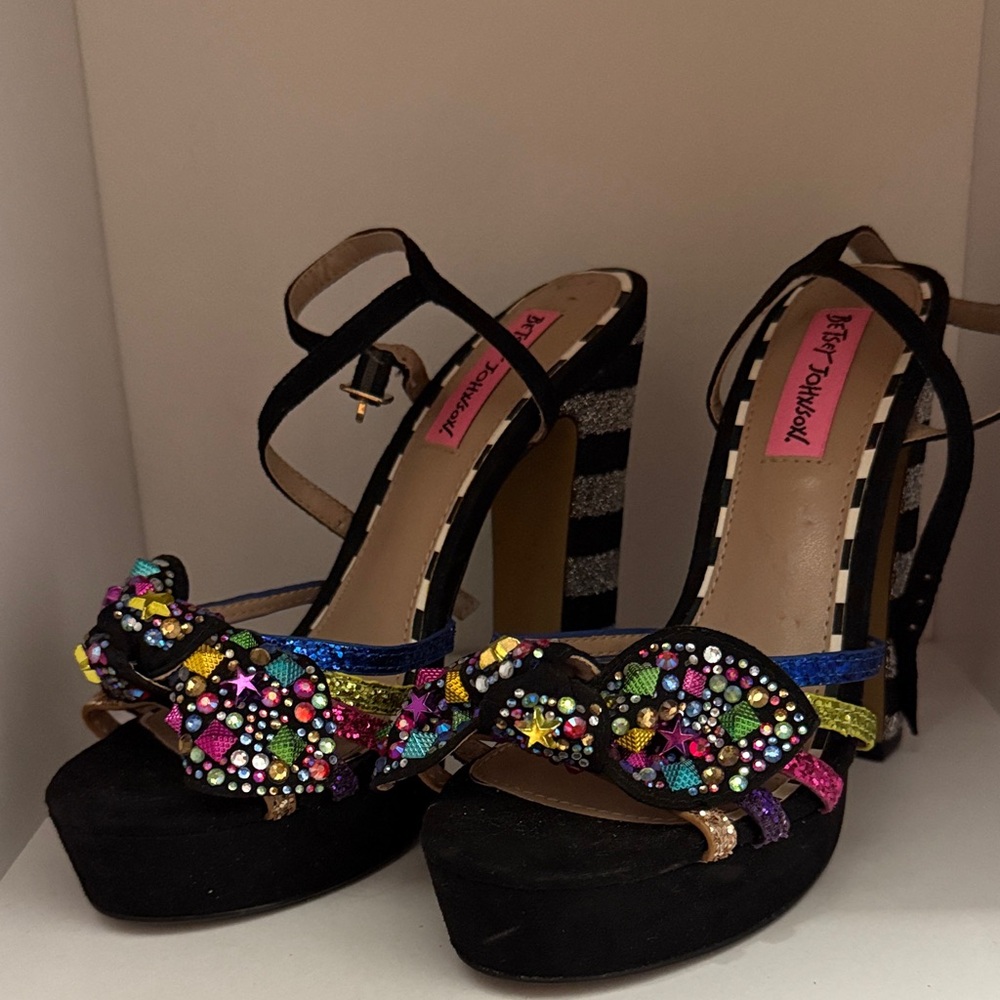 Betsey Johnson Black Heels with Colorful Embellishments